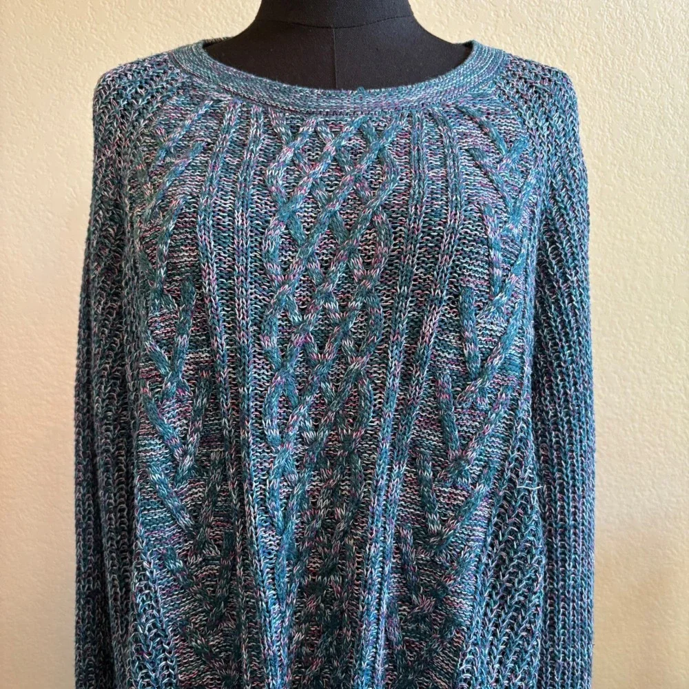 Faded Glory Womens SZ XXL (20) Cable Knit Sweater Antique Teal Blue Cotton Blend